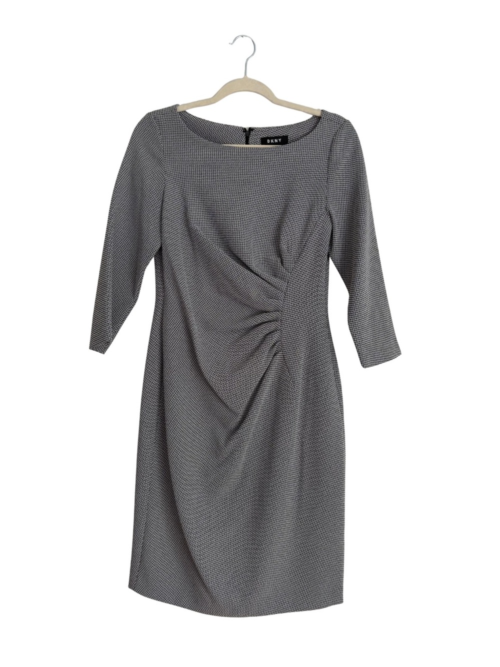 DKNY Gray Ruched Midi Sheath Dress